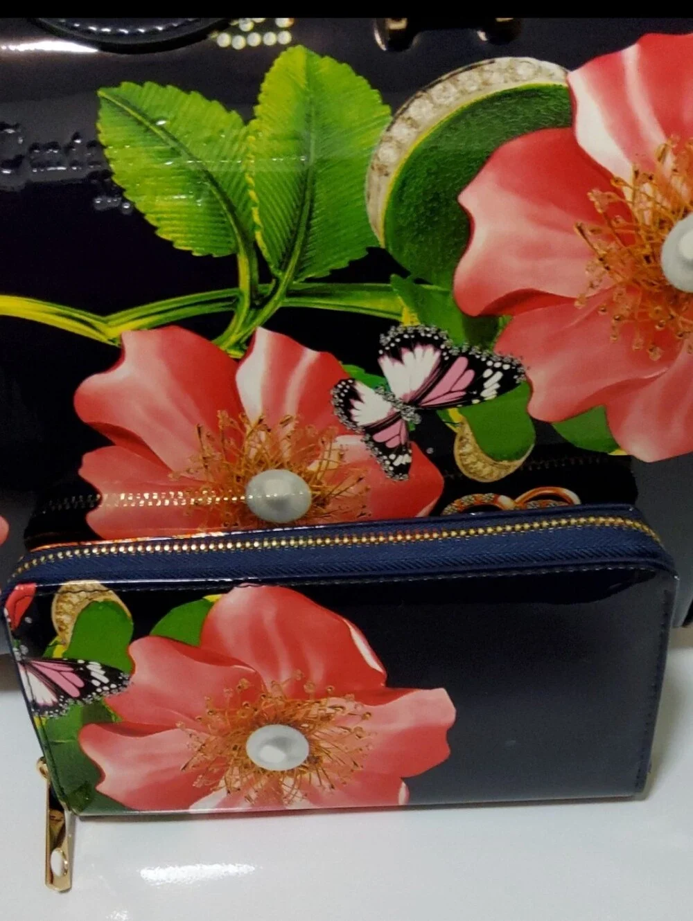 Patent Floral Satchel Handbag - Navy with Pink Flowers